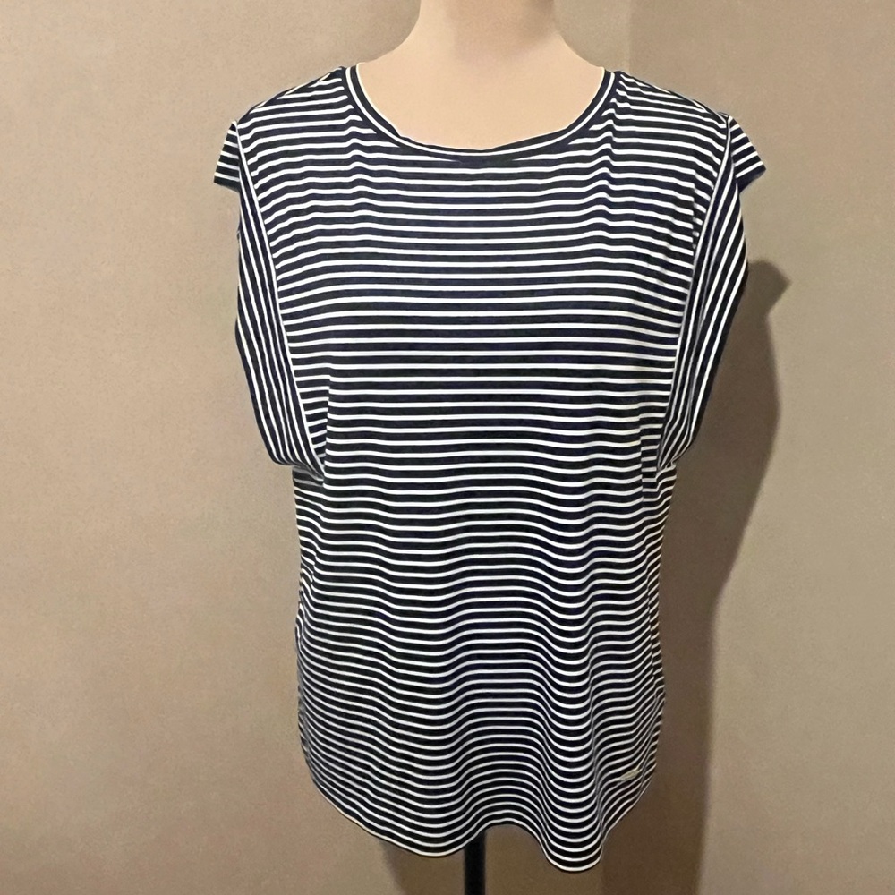 Jones New York Navy and White Striped Cap Sleeve Blouse, size Medium